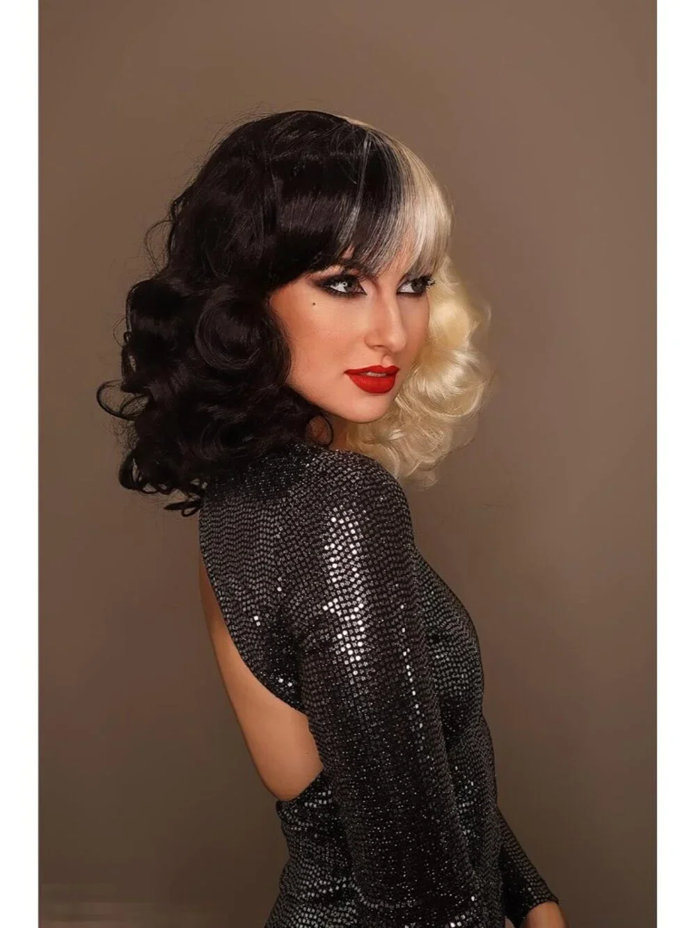 Women's Black White 10 Inch Heat Resistant Realistic Disco Long Curly Hair Wigs